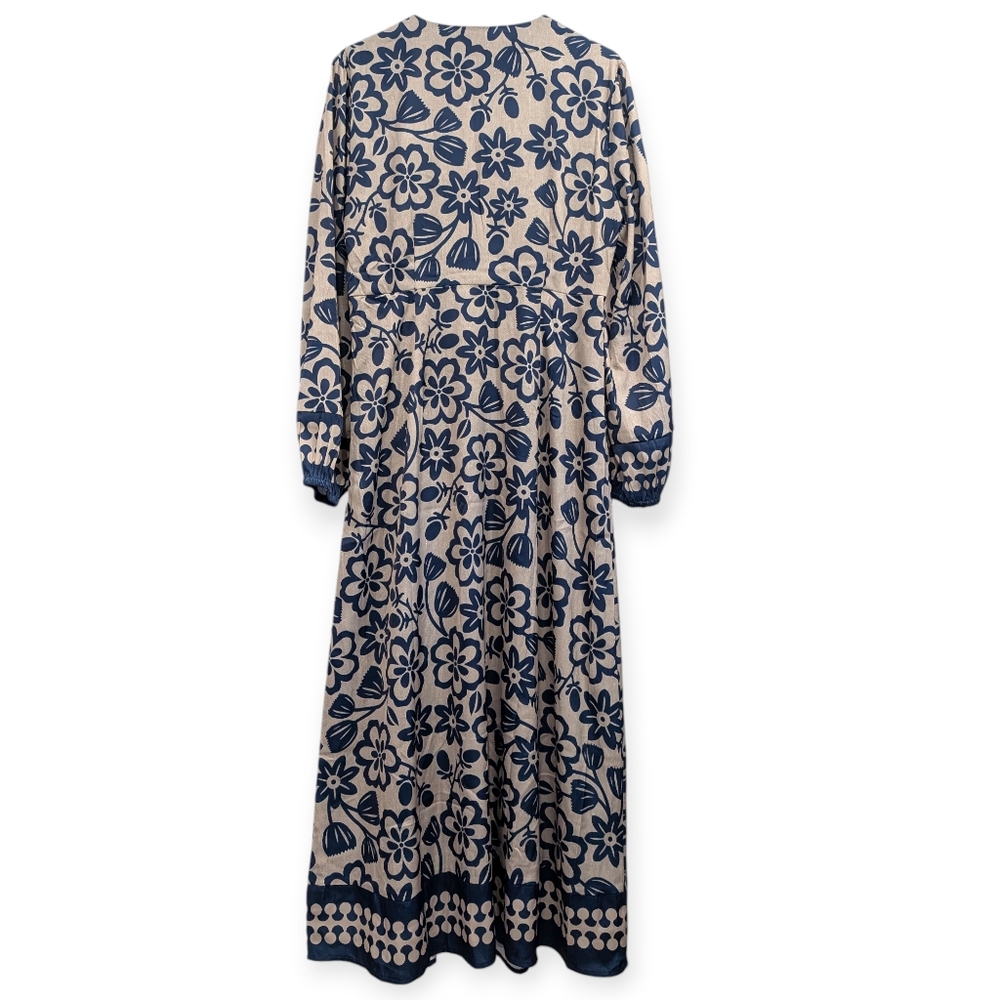 Current Air Boho Floral Maxi Dress Navy Beige Long Sleeve Large - Picture 2 of 4